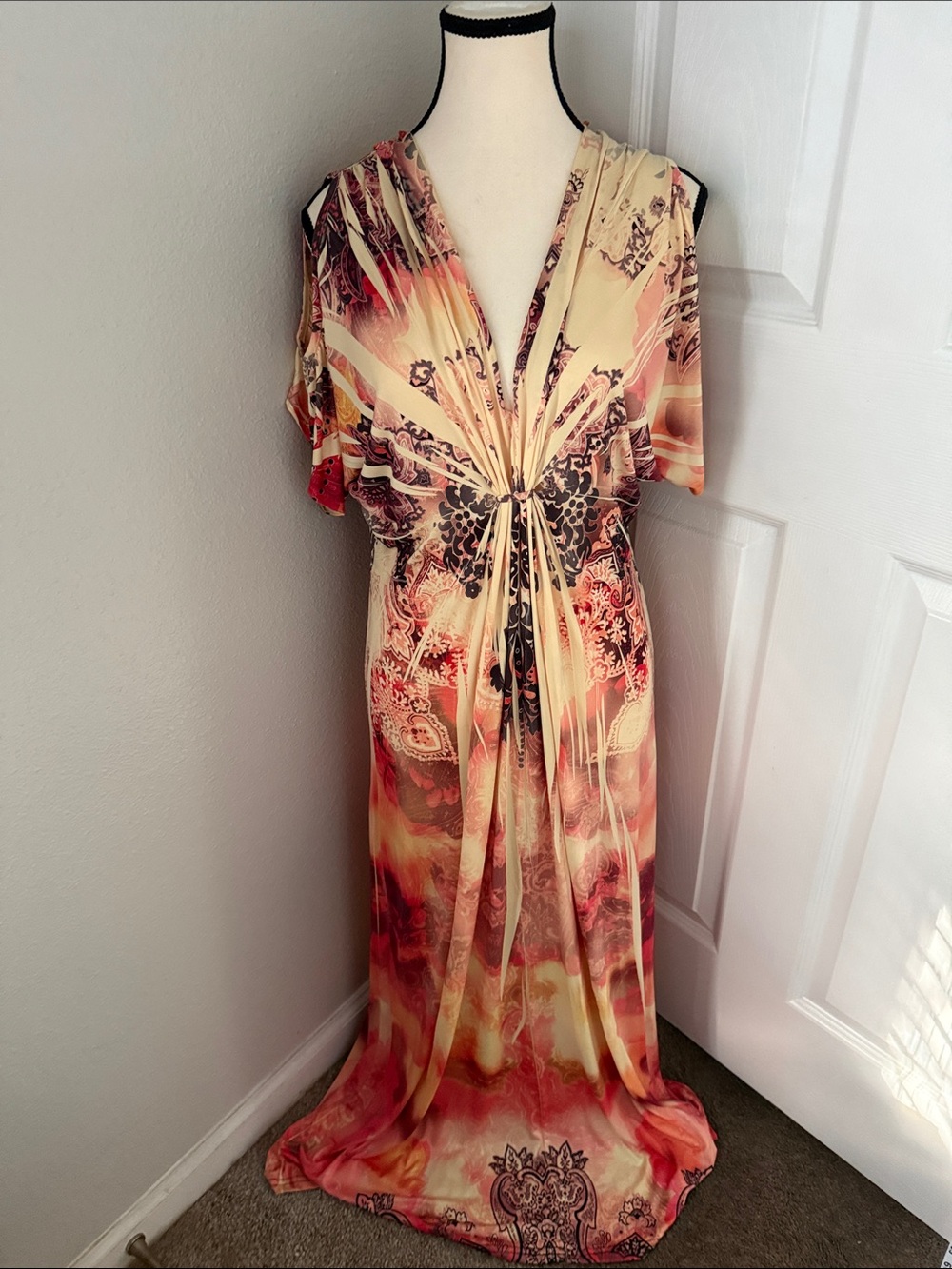 Flowing Cream and Red Printed Maxi Dress